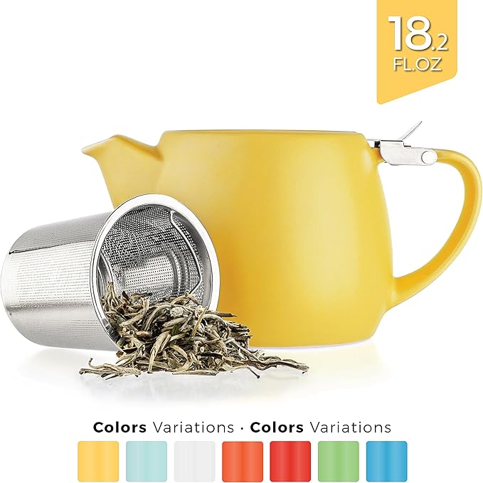 Tealyra - Pluto Porcelain Small Teapot Yellow - 18.2-ounce (1-2 cups) - Matte Finish - Stainless Steel Lid and Extra-Fine Infuser To Brew Loose Leaf Tea - 540ml