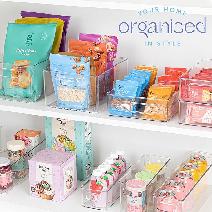 Plastic Food Storage 6 Pack Clear Container Bin with Handles for Organizing Kitchen, Pantry, Refrigerator, Freezer, Pantry, Cabinet, Closet, Bathroom. Stackable 10”x8”x3”