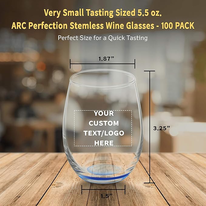 Custom Stemless Wine Glasses by ARC 5.5 oz. Set of 100, Personalized Bulk Pack - Perfect for Hotel, Bar, Restaurant or Lounge - Blue