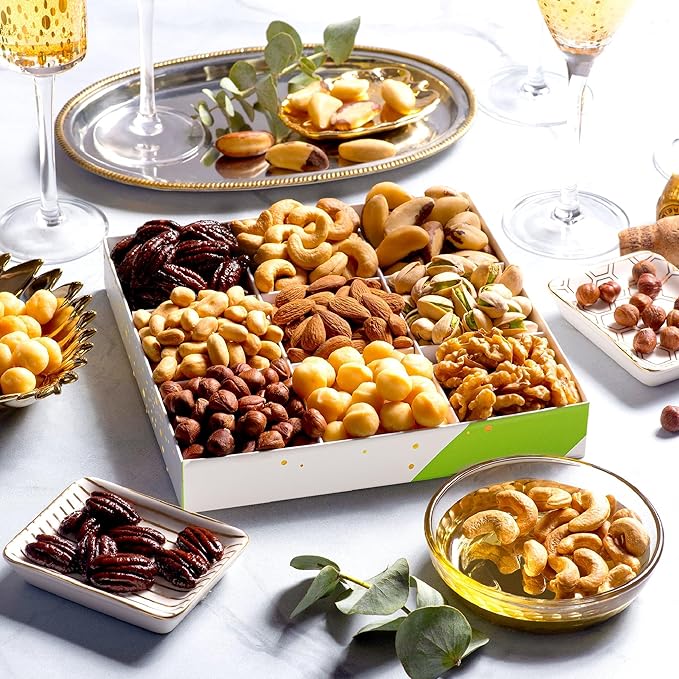NUT CRAVINGS - Mixed Nuts Gift Basket in White Gold Box (9 Assortments) Food Arrangement, Healthy Snack Care Package, Food Assortments
