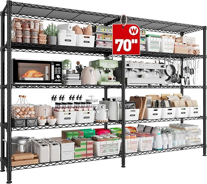 REIBII 70"W Storage Shelves Load 1600LBS, Metal Shelving 5-tier Wire Shelving Unit Metal Shelves for Storage Adjustable Garage Shelving for Pantry Kitchen Garage Commercial school 70"W*15.8"D*72.4"H
