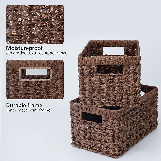 GRANNY SAYS Wicker Storage Baskets for Shelves, Wicker Baskets for Organizing, Waterproof Woven Basket for Pantry, Rectangle Basket for Shlef, Brown, 2-Pack