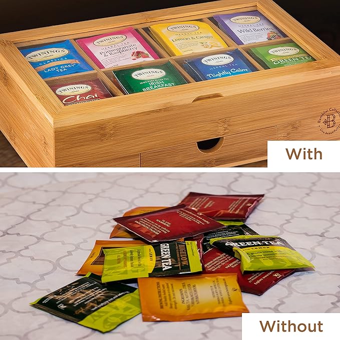 BAMBUSI Tea Bag Organizer - Bamboo Tea Box Storage with Drawer & Acrylic Window, Tea Organizer Holder, Tea Bag Holder, Tea Storage Box, Tea Box Organizer, Gift Idea for Home Kitchen (Tea Not Included)