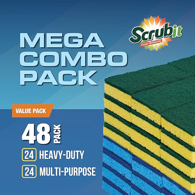 SCRUBIT 48 Pack Kitchen Sponges Dish Sponge for Washing Dishes, Kitchen & Bathroom – Blue & Yellow Dishwashing Sponges Along with A Thought Scrubber – Bulk Cleaning sponges Kitchen (Blue, Yellow)