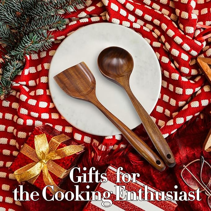 FJNATINH Wooden Wok Spatula Ladle Tool Set, 14-inch Long Handle Teak Wok Spatula