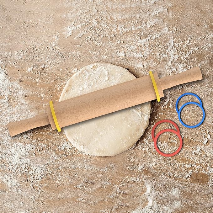 Classic Wooden Rolling Pin with Handle for Fondant, Pizza, Pies, Cookies, Pastries, Rolling Pin for Baking with 3 Multi-Color Thickness Rings, 17"x2.5" (Include handle) Beechwood Rolling Pin