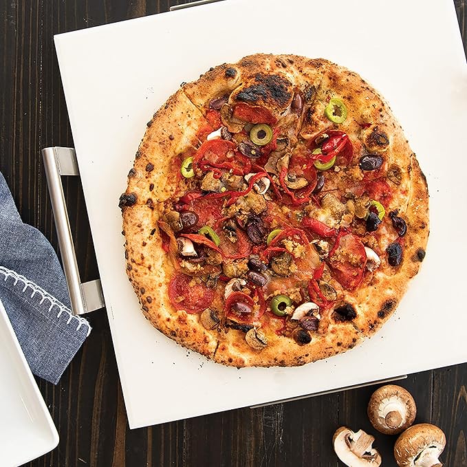 Nordic Ware 14-Inch Square Pizza and Baking Stone, Oven Safe and Grill Safe Cordierite with Stainless Holder