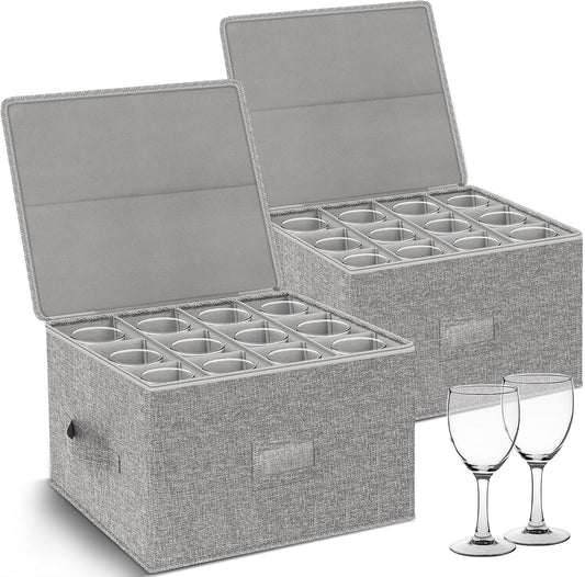 Wine Glass Storage Box 2-Pack, Stemware Container Cases, Stackable w/Hard Shell Top Sides Bottom, Moving Supplies, China Storage Containers for 24 Crystal Glasses Drinkware 10'' Tall, Grey