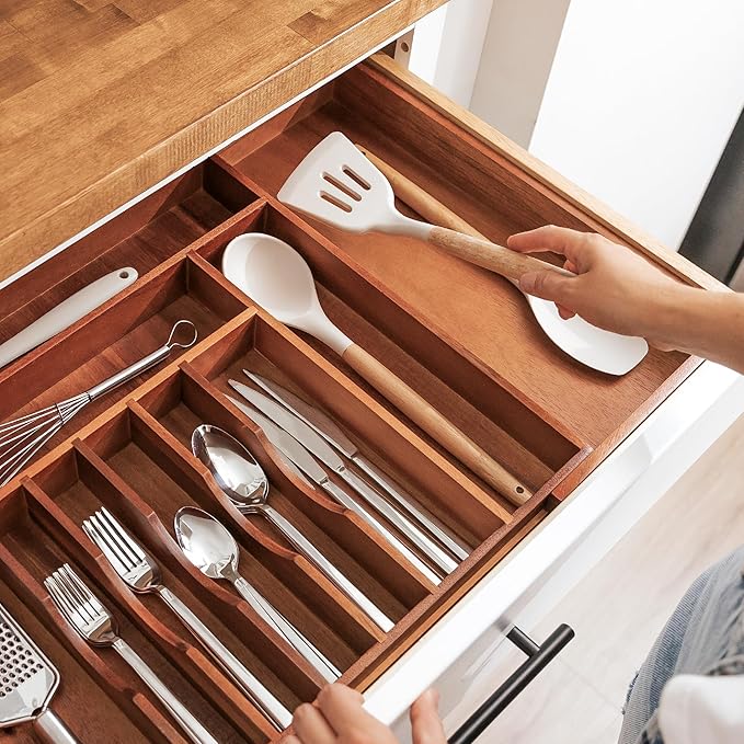 Premium Silverware, Flatware and Utensil Organizer for Kitchen Drawers, Food-Safe Contract Grade, Expandable from 18 to 33 In, Natural Acacia