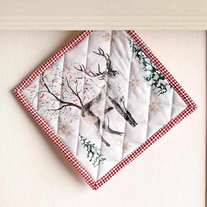 Maison d' Hermine Pot Holders 100% Cotton Heat Resistant Potholders 8" x 8" Hot Pads with Loop BBQ, Cooking, Baking, Grilling, Kitchen, Handling Hot Pans (Pack of 1, Rural Christmas)