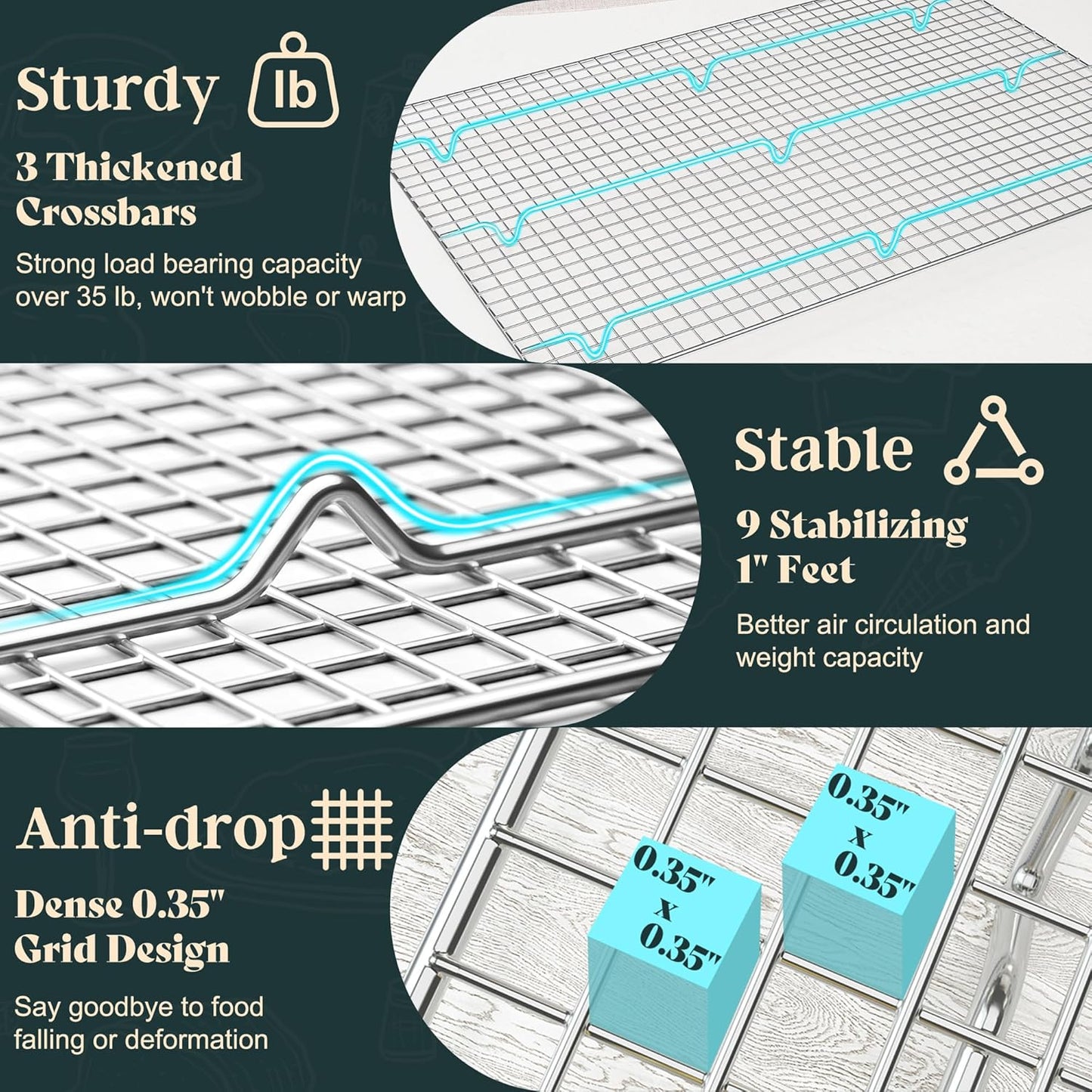 Cooling Racks for Cooking and Baking-11.5"x16.5" Oven Safe Premium Stainless Steel Heavy Duty Baking Rack Tight-Wire, Fits Half Sheet Pan for Roasting & Grilling & Cooking-1 Pack