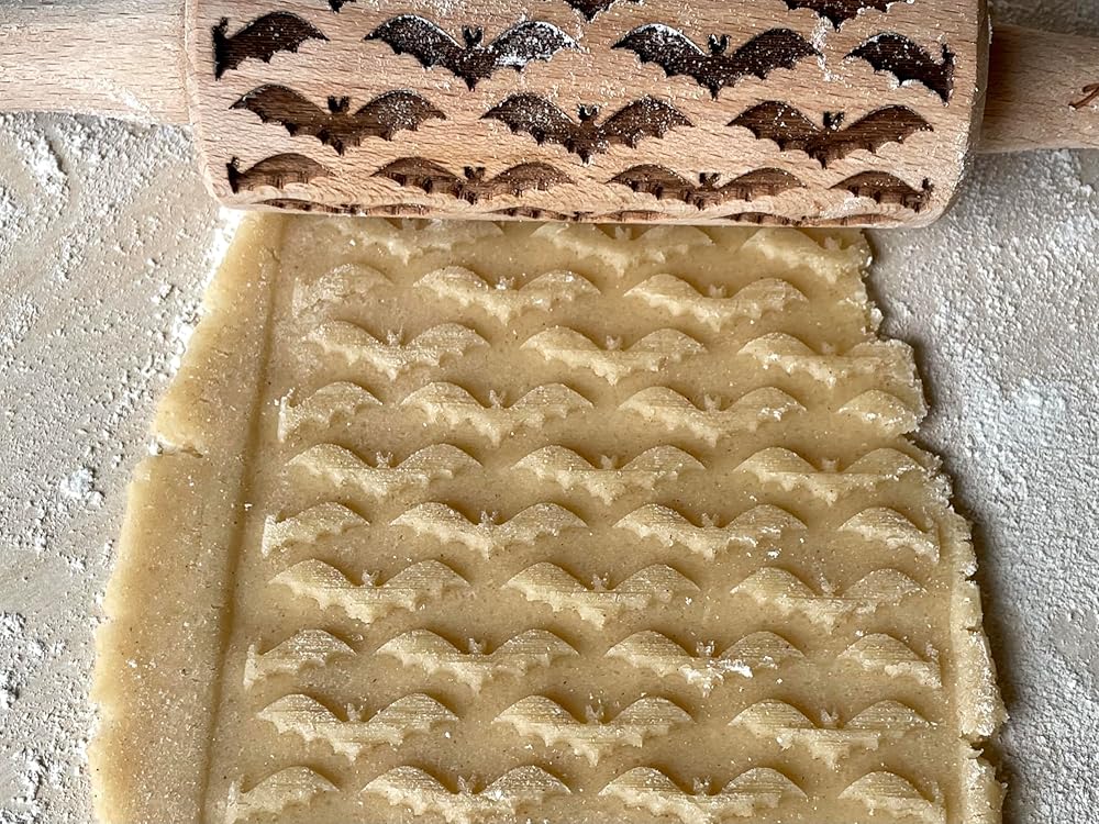 HALLOWEEN 3 Mini Embossed Rolling Pin Set. Wooden Laser Engraved Textured rolling pins for Cookies, Modeline, Ceramic with Skulls, Bats, Halloween by Algis Crafts