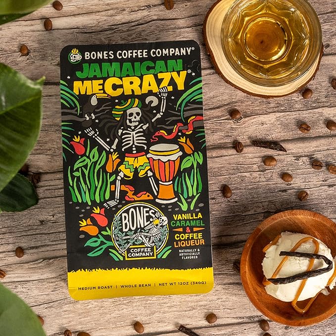 Bones Coffee Company Jamaican Me Crazy, Vanilla Caramel Flavored Coffee, Medium Roast Low Acid Arabica Beans Compatible with Auto drip and French Press Coffee Maker, 12 Oz Ground