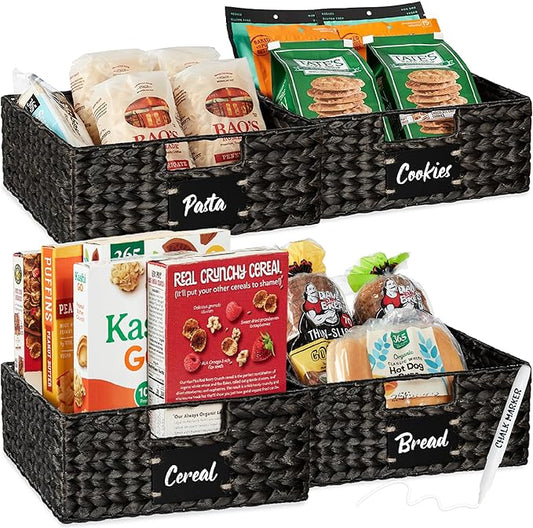 Best Choice Products Set of 4 13x12in Water Hyacinth Pantry Baskets, Woven Organizers w/Chalkboard Label, Chalk Marker - Black