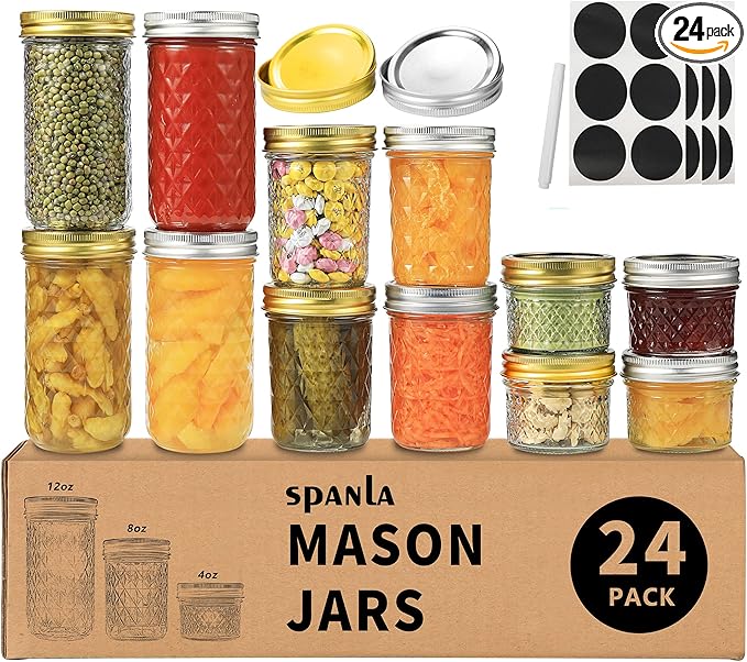 Mason Jars Canning Jars, 24 Pack Jelly Jars With Regular Lids, Ideal for Jam, Honey, Wedding / Shower Favors, DIY Magnetic Spice Jars - 4 OZ x 8, 8 OZ x 8, 12 OZ x 8 (4oz -8oz-12oz)
