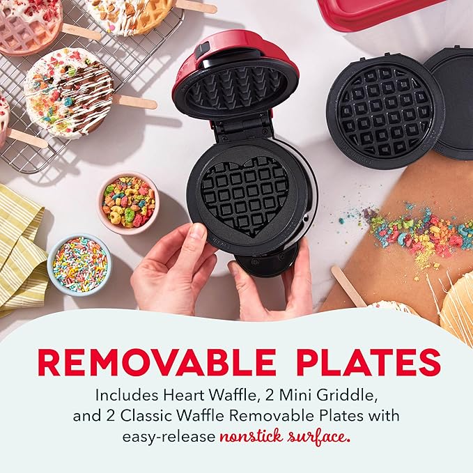 DASH Multimaker Mini System - Waffle Maker with Five 4” Removable Plates: Waffle Iron & Griddle, 3-in-1 Mini Waffle Maker for Kids and Families – Nonstick Surface, Just Add Batter (Red)