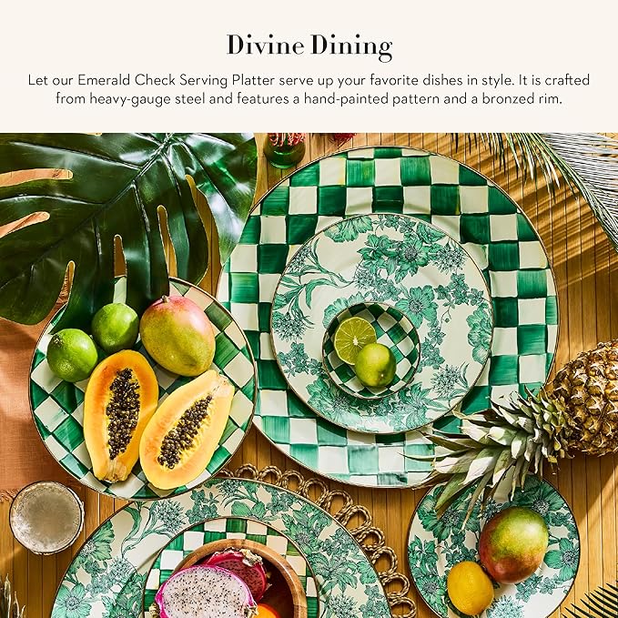 MACKENZIE-CHILDS Enamel Serving Platter, Decorative Serving Platter for Food, 16 Inches, Green-and-White Emerald Check