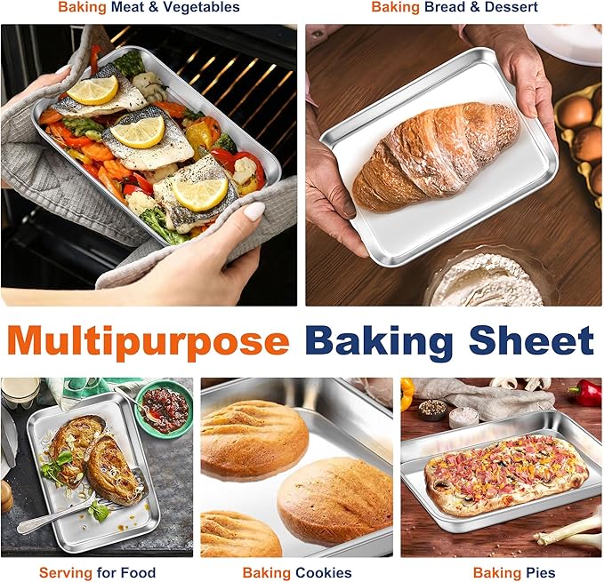 P&P CHEF 9 Inch Baking Cookie Sheet, Oven Pan Tray Stainless Steel Sheet Pan for Kitchen, Oven Bakeware for Multi Uses, Shiny Look & Dishwasher Safe, Healthy & Heavy Duty, 2Pcs