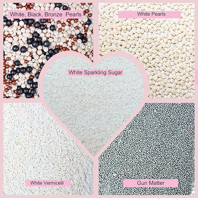 Confect White Sprinkles | Sprinkles for Cakes & Cupcakes Decoration | Assorted pack of 5 | Mix Black, Bronze & White Dragees Pearl , Jimmies & Sparkling Sugar | Vegan, Gluten-Free, Nut-Free, Soy-Free, Dairy-Free, Palm Oil-Free- 5 Oz
