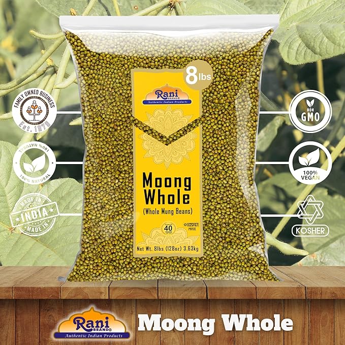 Rani Moong Whole (Ideal for cooking & sprouting, Whole Mung Beans with skin) Lentils Indian 128oz (8lbs) 3.63kg Bulk ~ All Natural | Gluten Friendly | Non-GMO | Kosher | Vegan | Indian Origin