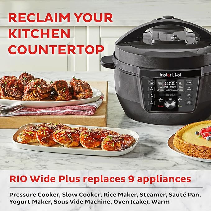 Instant Pot RIO Wide Plus, 9-in-1 Electric Pressure Cooker, 35% Larger Cooking Surface, WhisperQuiet Steam Release, Multi-Cooker, Slow Cook, Rice Maker, Steamer, Sauté, Cake, & Warmer, 7.5 Quarts