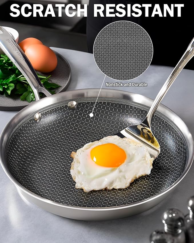 Cooks Standard Hybrid Nonstick Frying Pan Set, 10 and 12-Inch Multi-Ply Clad Stainless Steel 2 Piece Skillet with Tempered Glass Lids, Oven Safe, Compatible with All Stovetops