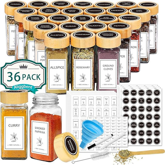 Aliggbent Spice Jars with Lable, 36 Pcs 4 oz Glass Spice Jars with Bamboo Lids, Spice Containers Bottles, Glass Seasoning Jars with Shaker Lids, Collapsible Funnel, for Spice Racks, Pantry,Cupboard
