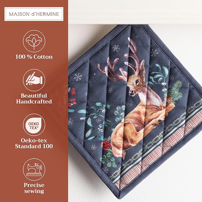 Maison d' Hermine Pot Holders Set 100% Cotton Heat Resistant Potholders 8" x 8" Hot Pads with Loop BBQ, Cooking, Baking, Grilling, Kitchen, Handling Hot Pans (Pack of 2, Christmas Joy)