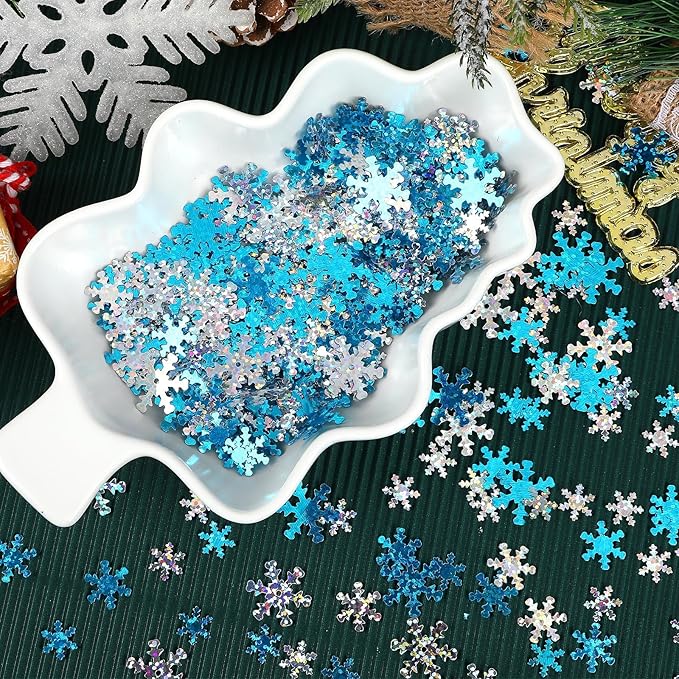 MARFOREVER Winter Snowflake Confetti Decorations, White Blue Glitter Confetti Snow Scatter Sequins for Winter Wonderland Frozen Holiday Baby Shower Party Table Decor Supplies