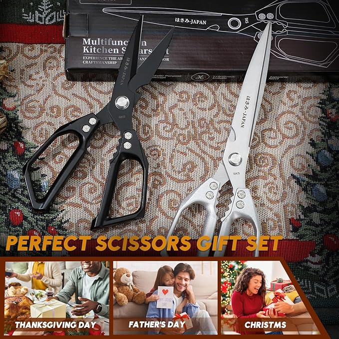 HUUSK Kitchen Scissors Set Upgraded - Stainless Steel Kitchen Shears, Sharp Meat Scissors, Heavy Duty Poultry Shear, Japanese Cooking Scissor for Food, Chicken Bones, and Turkey - Dishwasher Safe