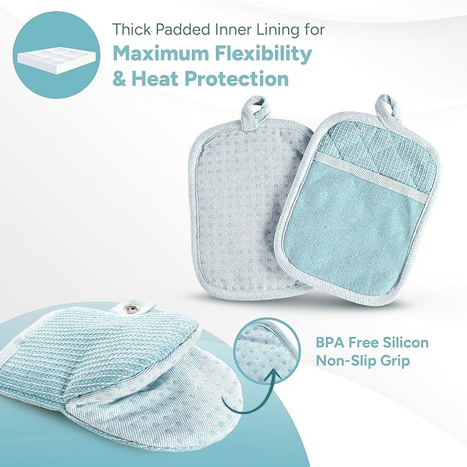 Casa Platino Oven Mitts and Pot Holders Sets, 8-Piece – 500°F Heat Resistant Mini Oven Mitts with Silicone Grip, Potholders for Kitchens, 2 Kitchen Towels & 2 Dish Cloths – Non-Slip & Durable – Aqua