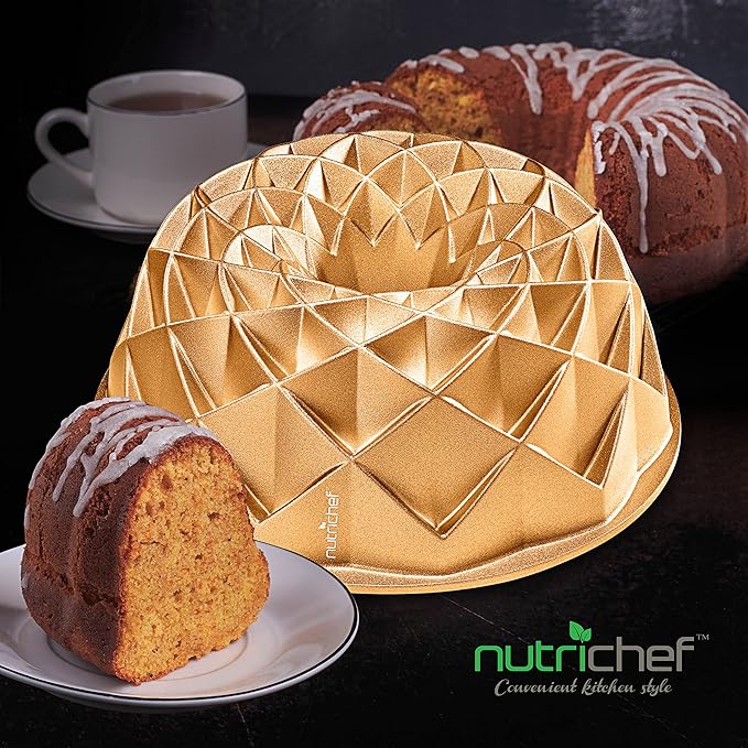 NutriChef 9-Inch Cake Pan - Thick and Heavy Cast Aluminum Bakeware Cake Mold with 2 Layers of Nonstick Coating - French Wreath Design for Uniform Baking Up To 500 Degrees - Easy to Clean, Gold