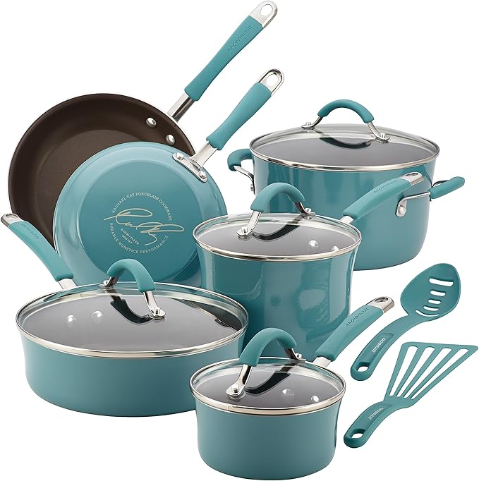 Rachael Ray Cucina Hard Anodized Nonstick Cookware Pots and Pans Set, 12 Piece, Gray with Blue Handles & Cucina Nonstick Cookware Pots and Pans Set, 12 Piece, Agave Blue