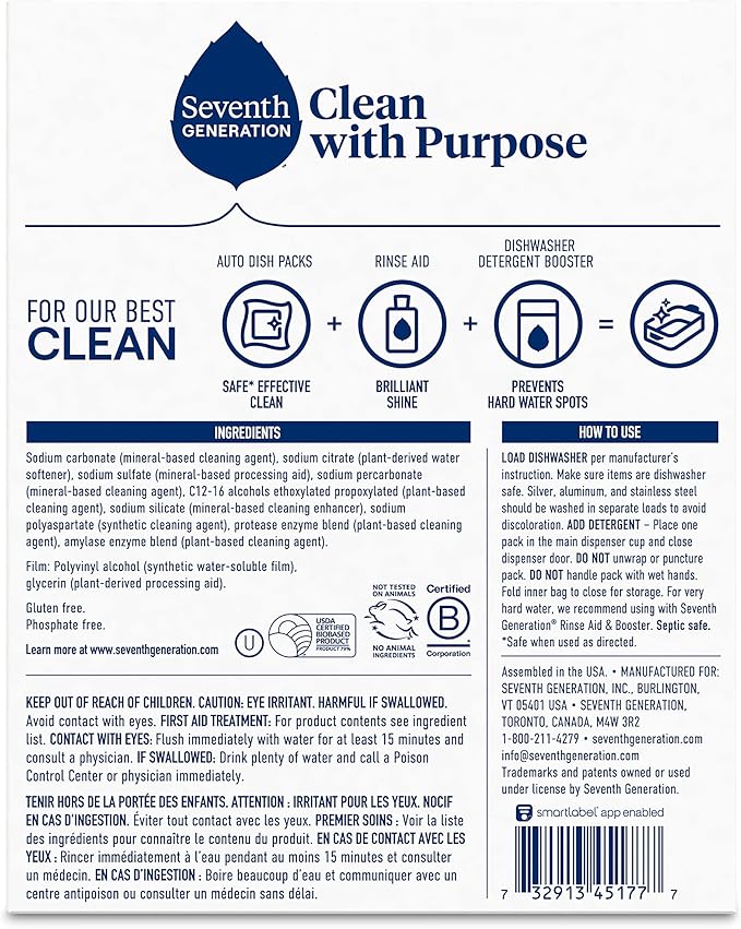 Seventh Generation Dishwasher Detergent Packs Free & Clear Pack of 6 for sparkling dishes Dishwasher tabs, 20 count