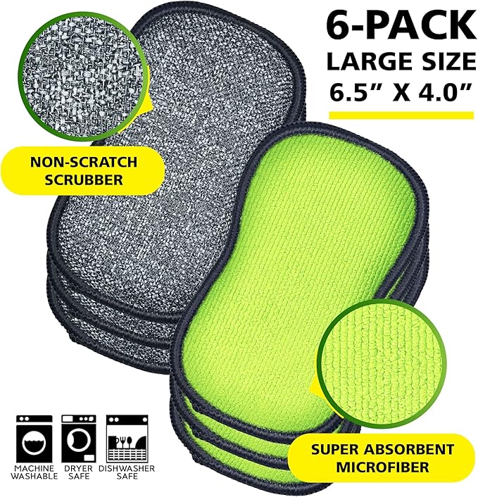 Fresh Tuff-Scrub Antimicrobial Microfiber Scrub-N-Wipe Sponge Pads, Fabric Treated with SILVADUR Antimicrobial Technology and Charcoal-Infused Foam, 6-Pack Green Large Size Pads