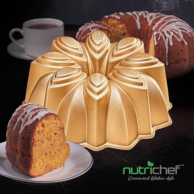NutriChef 9-Inch Cake Pan, Thick and Heavy Cast Aluminum Cake Molds with 2 Layers of Nonstick Coating - Bloom Flower Design for Uniform Baking Up To 500 Degrees - Easy to Clean, Gold