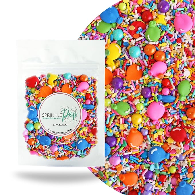 Sprinkle Pop Rainbow Birthday Sprinkle Mix| Red Orange Yellow Iridescent Rainbow Sprinkles with ~6 Royal Icing Balloons| Decorating Sprinkles Made in USA for Girl Boy Cakes Cookie Cupcake Donut, 2oz