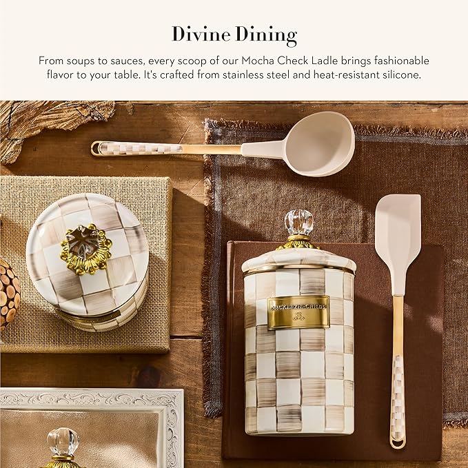 MACKENZIE-CHILDS Kitchen Ladle, Silicone Ladle Spoon for Cooking, Brown-and-White Mocha Check