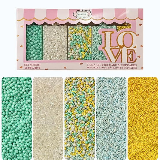Confect Cake Sprinkles Mix Pack of 5 – Sky Blue, Yellow & White – Pearl Dragees, Jimmies, Sparkling Sugar – Baking Decorations for Cakes, Cupcakes, Cookies & Desserts- Vegan, Gluten-Free, Nut-Free, Soy-Free, Dairy-Free, Palm Oil-Free- 5 Oz