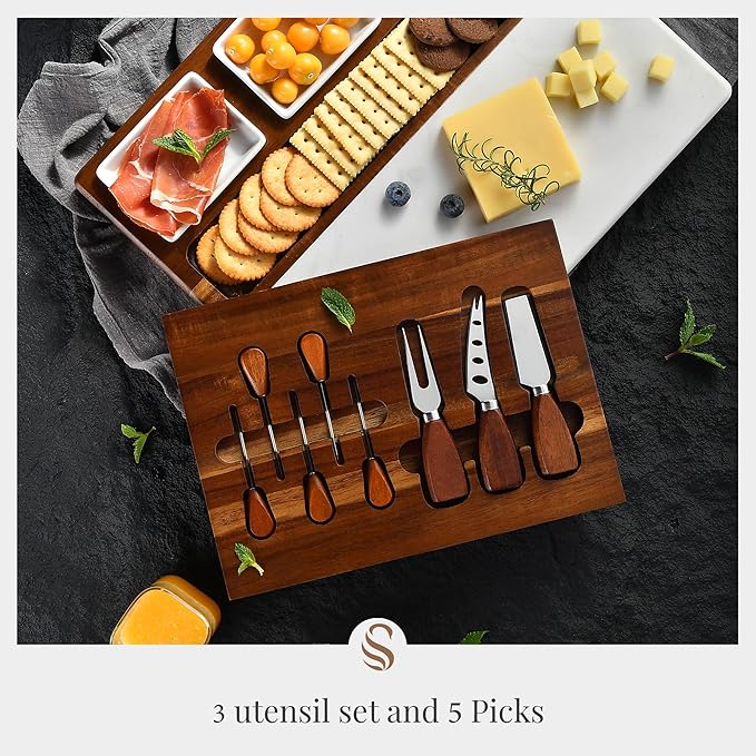 Shanik Wood - Marble Cheese Board Set with 3 Ceramic Bowls - Stainless Steel Cutlery Set, Charcuterie Board Set & Gift for Any Occasion (Without Engraving)