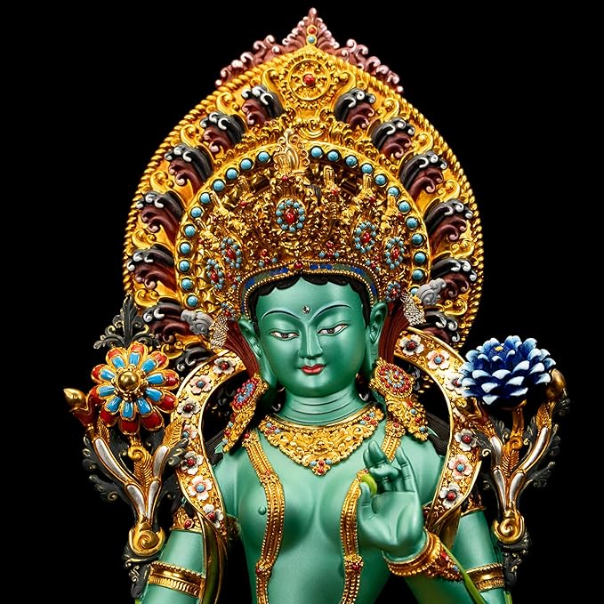 Handmade Copper Buddha Statue Indoor, Green Tara Buda Sculpture for Home Decor, Hand-Painted Colored Buddhist Budda,14.17"