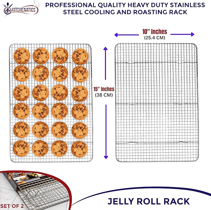 KITCHENATICS Jelly Roll Cooling Racks for Cooking and Baking, Heavy Duty Cooking Racks for Sheet Pan, Stainless Steel Wire Rack for Cooking, Cookie Cooling Rack Fits Jelly Roll Pan 15x10, Set of 2