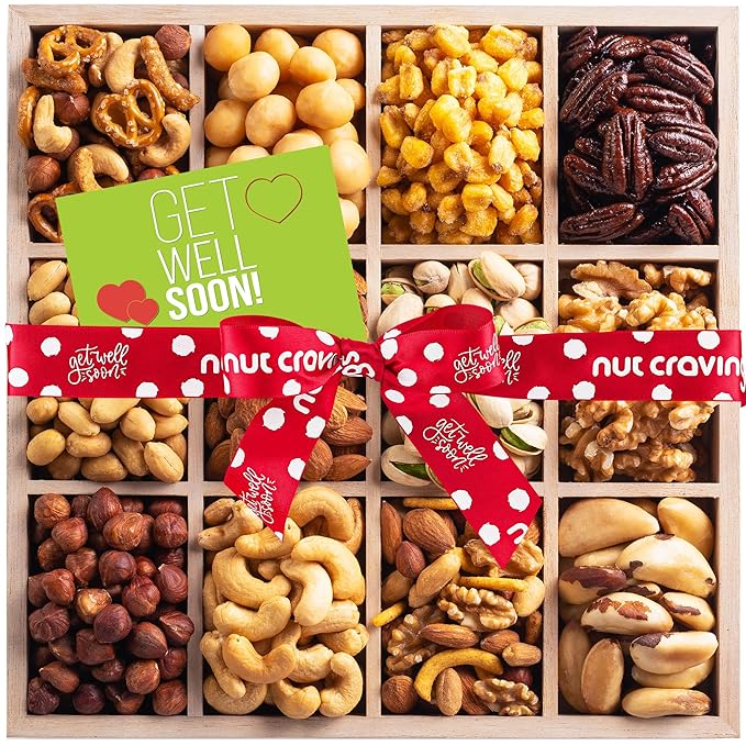 NUT CRAVINGS Gourmet Collection - Get Well Soon, Nuts Gift Basket with Get Well Soon Ribbon in Reusable Wooden Tray (12 Assortments) Food Arrangement, Healthy Snack Care Package, Food Assortments