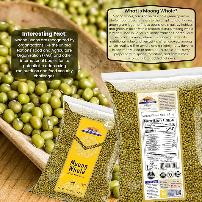 Rani Moong Whole (Ideal for cooking & sprouting, Whole Mung Beans with skin) Lentils Indian 64oz (4lbs) 1.81kg Bulk ~ All Natural | Gluten Friendly | Non-GMO | Kosher | Vegan | Indian Origin