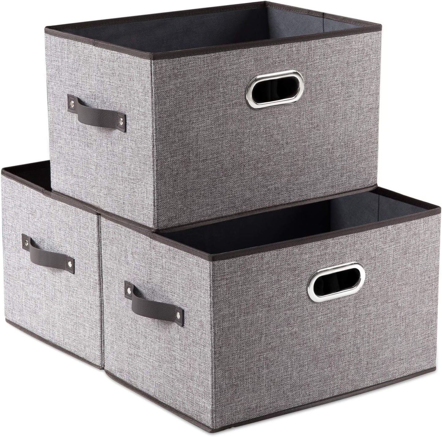 PRANDOM Larger Collapsible Storage Bins for Closet [3-Pack] Decorative Linen Fabric Storage Baskets Cubes with Leather/Metal Handles for Living Room Cloth Grey and Black Trim (17.3x12.2x10.4 Inch)