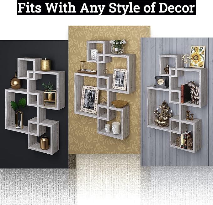 Greenco 4 Cube Intersecting Shelves, Easy-to-Assemble Floating Wall Mount Shelves for Bedrooms and Living Rooms, Rustic White Finish