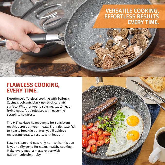 DaTerra Cucina - 9.5" Nonstick Ceramic Frying Pan - Made in Italy - Oven & Induction Safe - High Heat Resistant Nonstick Cookware - Dishwasher Safe - Volcanic Black Speckled
