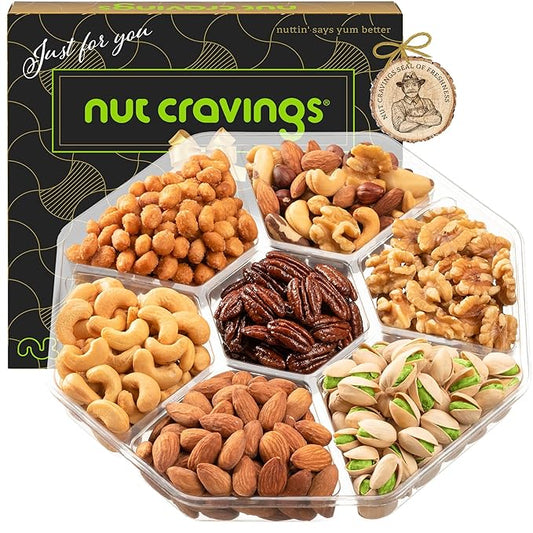 NUT CRAVINGS - Mixed Nuts Gift Basket in Black Gold Box (7 Assortments, 1 LB) Food Arrangement, Healthy Snack Care Package, Food Assortments