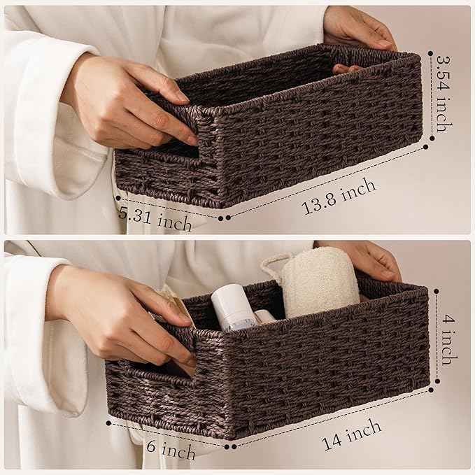 UBBCARE Toilet Tank Basket for Bathroom, Hand Woven Paper Wicker Basket for Organizing, Countertop Decorative Storage Basket with Handles, 2-Pack, Dark Brown