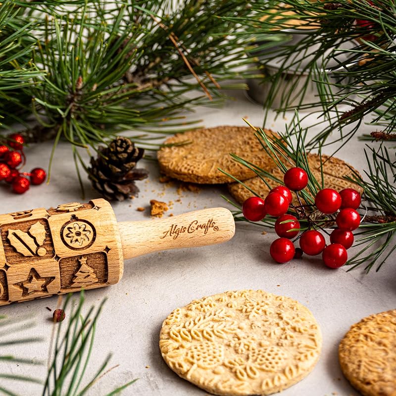 CHRISTMAS FEST 3 Mini Embossed Rolling Pin Set. Wooden Laser Engraved Textured rolling pins for Cookies, Modeline, Ceramic with Skulls, Bats, Halloween by Algis Crafts
